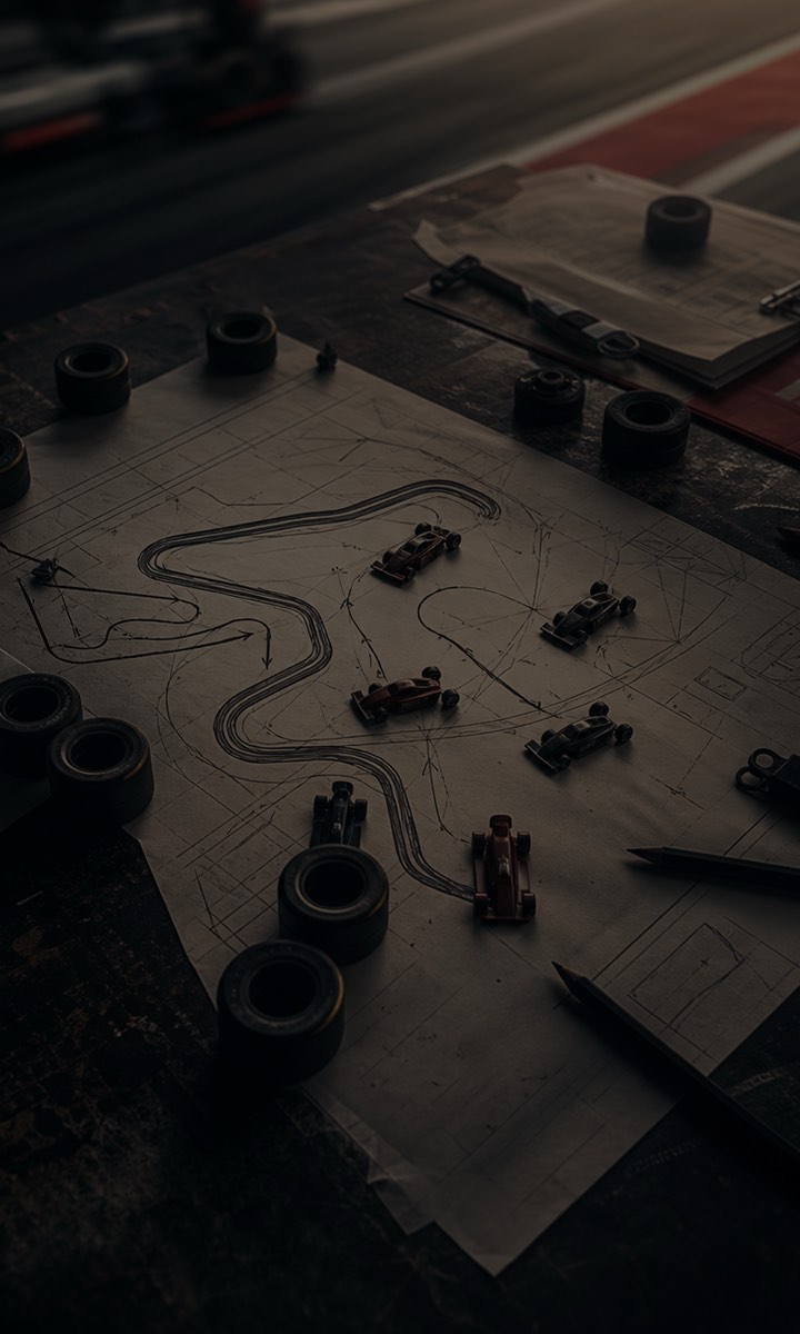 A race strategy desk with a circuit model